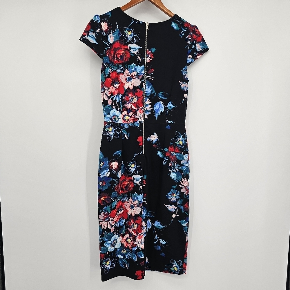 BETSEY JOHNSON Mod Women's Floral Stretch Midi Sheath Dress Size 6 Black Red - Picture 7 of 8